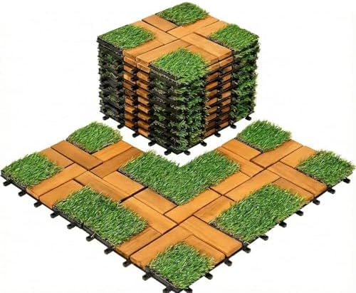 Interlocking Acacia Wood and Artificial Grass Deck Tiles 12"x12", 0.94" Thick by Unknown