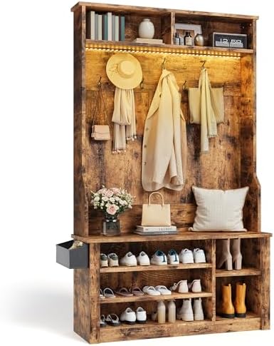 Aiho Hall Tree with Bench and Shoe Storage, 5-in-1 Entryway Bench with Coat Rack by AIHO