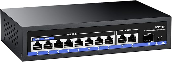 11-Port PoE Gigabit Switch, 8 PoE+ Port, 2 Gigabit Uplink, 1 SFP Port, 120W AI by AUMOXPRO