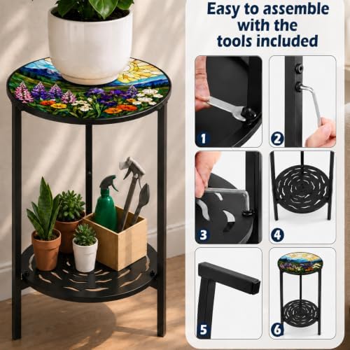 2-Tier Metal Round Side Table Accent Coffee Tables Small Space Corner Plant - Image 4