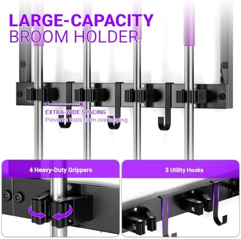Heavy Duty Broom Holder Wall Mount, All-Metal Mop Rack - Image 3
