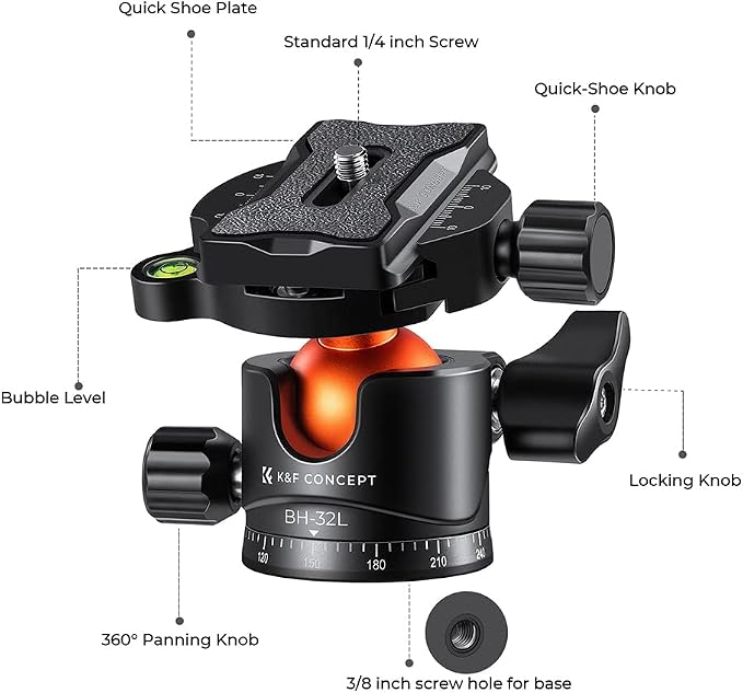 K&F CONCEPT 32mm Metal Tripod Ball Head 360 Degree Rotating Panoramic - Image 6