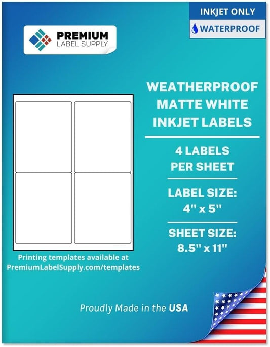 Premium Label Supply Waterproof Matte White Sticker Labels – 4" x 5" – Inkjet Printers Only – (4 per Sheet), 1000 Sheets - 4,000 Total Adhesive Labels