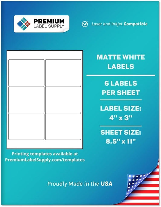 Premium Label Supply White Sticker Labels – 4" x 3" – Laser/Inkjet Compatible – (6 per Sheet), 100 Sheets – 600 Total Adhesive Labels