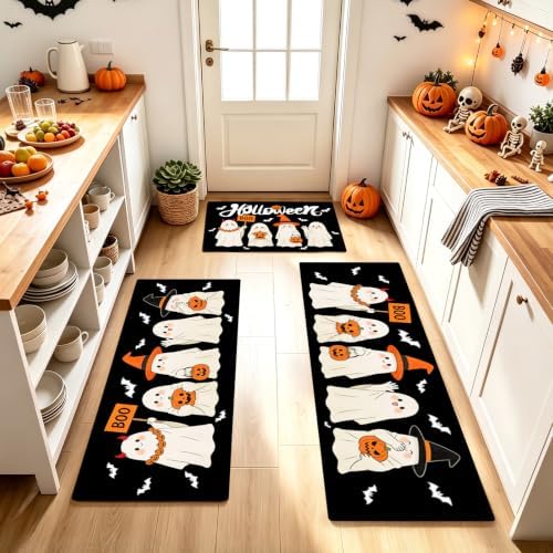 Halloween Kitchen Rugs Set of 3, Witch Hat Ghost Kitchen Mat, Spooky Rugs by Elevateyourspacewithstorageoptions