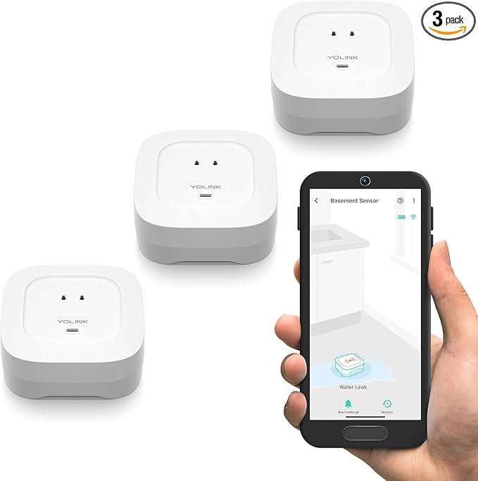 Water Leak Sensor 4 with 105dB Audio Alarm 3-Pack, Email & Push Notifications by YoLink