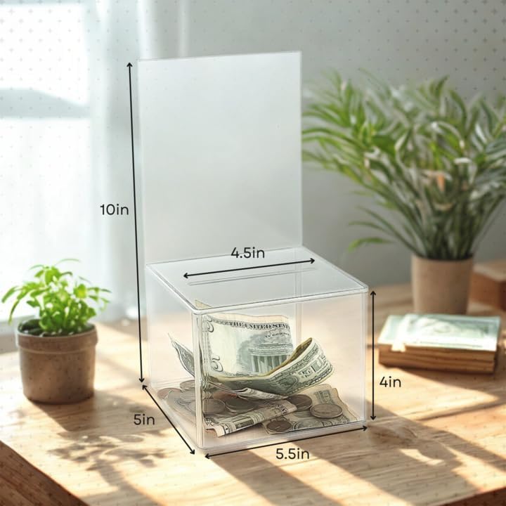 Acrylic Charity Donation Ballot box Fundraising Coin collection Tip box 5" x 5" x 4" office Suggestion Box Piggy Bank ticket bucket with 4" x 6" Sign Poster Display area(2 Pack)