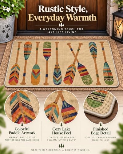 Lake House Welcome Front Door Mat, Boho Vintage Boat Paddle - Image 4