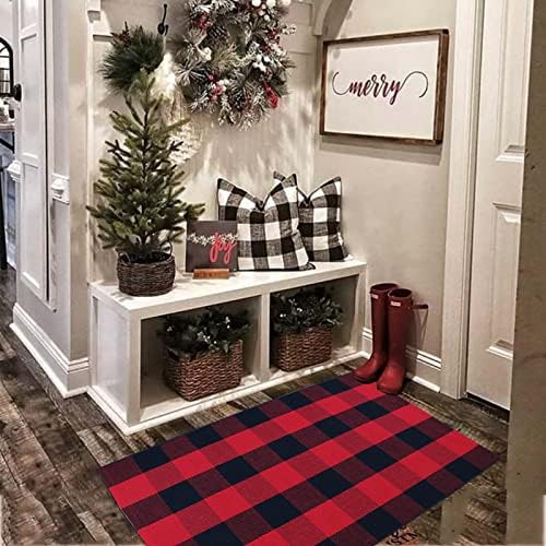 Red and Black Plaid Rug, Cotton Woven Rug - Image 5