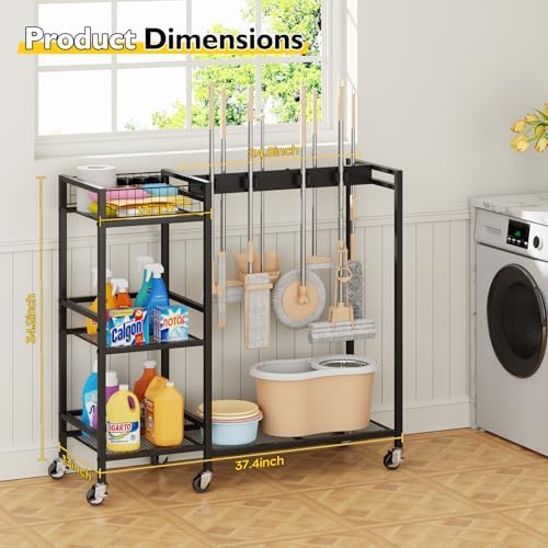 Broom Holder with Cleaning Supplies Organizer, Movable Broom Closet Storage - Image 2