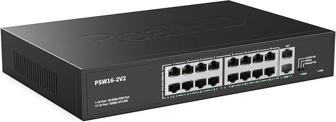 Real HD 16 Port PoE Switch, High Power 300W, 16 PoE+ 100Mbps Ports by RealHD