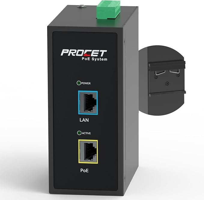 PROCET Gigabit PoE++ Injector Din Rail, 60W Industrial PoE Adapter by PROCETPOESystem