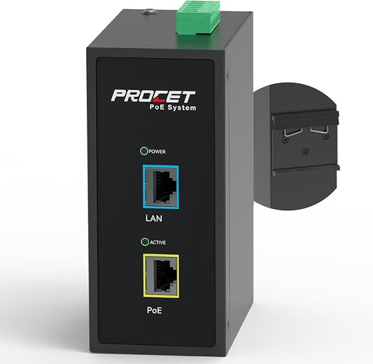 PROCET Gigabit PoE+ Injector Din Rail, 30W Industrial PoE Adapter by PROCETPOESystem