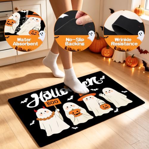 Halloween Kitchen Rugs Set of 3, Witch Hat Ghost Kitchen Mat, Spooky Rugs - Image 4