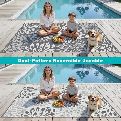 HEBE Waterproof Outdoor Rug 6'x9', Floral Reversible Plastic Patio Rug - Image 6