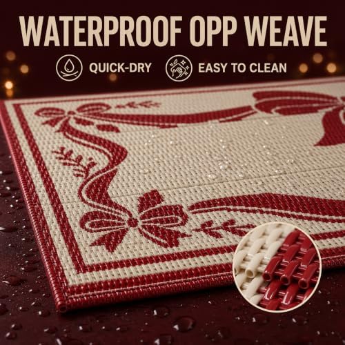 3x5 Ft Christmas Ribbon Bow Reversible Plastic Straw Outdoor Rug - Image 5