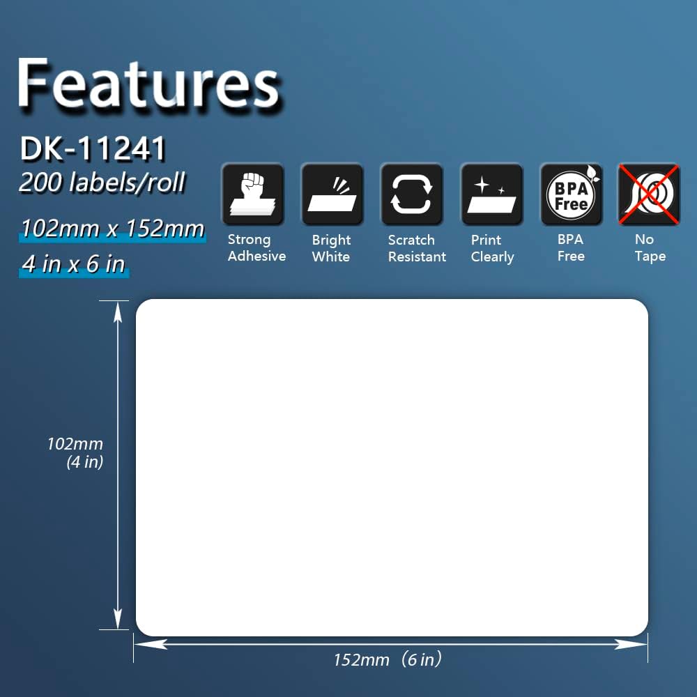 BETCKEY - Compatible Shipping Labels Replacement for Brother DK-1241 (4" x 6"), Use with Brother QL Label Printers [10 Rolls + 2 Reusable Cartridges]