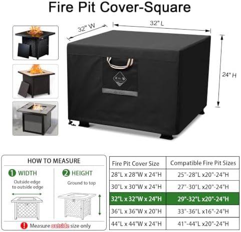 QH.HOME Fire Pit Cover Square 32", 600D Heavy Duty Fabric 100% Waterproof - Image 2