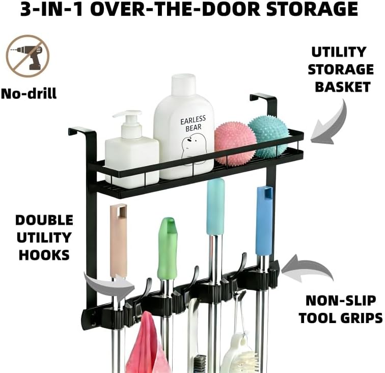 Over the Door Heavy Duty Metal Broom & Mop Holder, No-Drill Cleaning Supply - Image 2
