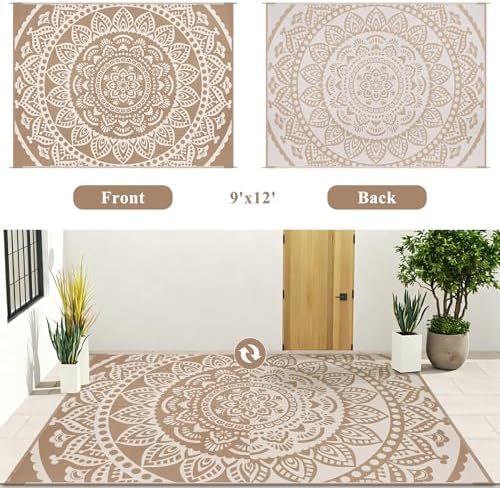Bsmathom Waterproof Outdoor Rug 9x12ft Large Reversible Boho Plastic Straw - Image 5