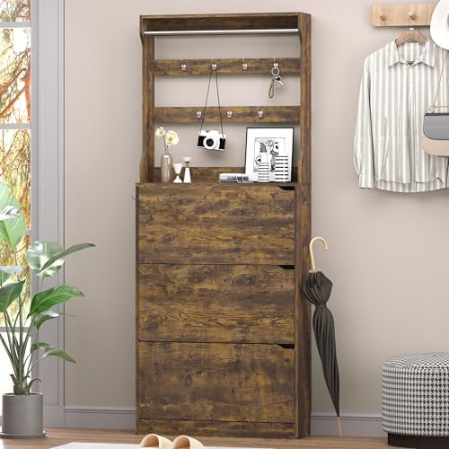 BORNOON Shoe Cabinet with 3 Flip Drawers & Coat Rack, Narrow Hidden Shoe - Image 3