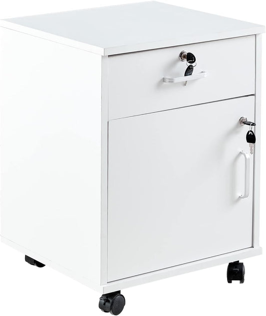 CLIPOP Rolling Storage Cabinet with Drawer, Home Office Cabinet with Lock, Under Desk Storage Cabinet for Home Office (White)