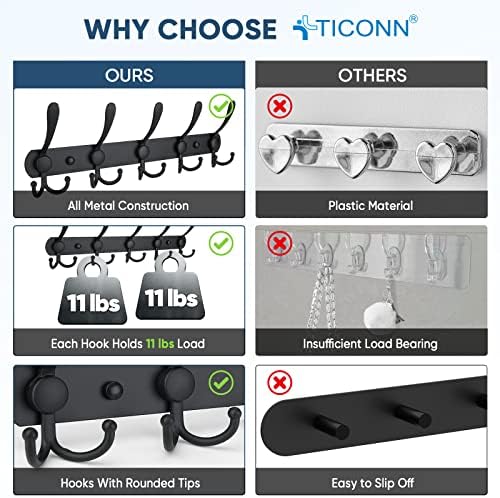 TICONN Wall Mounted Coat Rack, Five Heavy Duty Tri Hooks All Metal Construction - Image 3