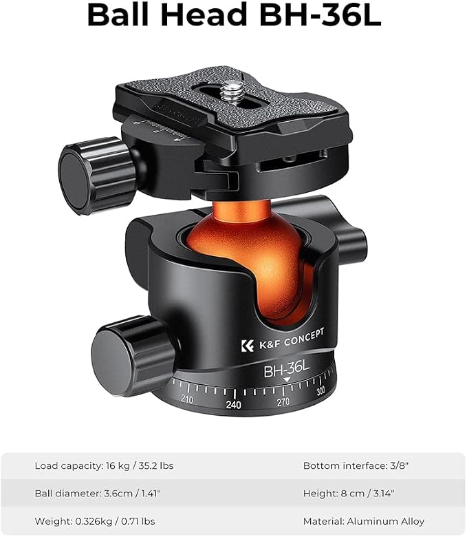 K&F CONCEPT 36mm Metal Tripod Ball Head 360 Degree Rotating Panoramic - Image 2