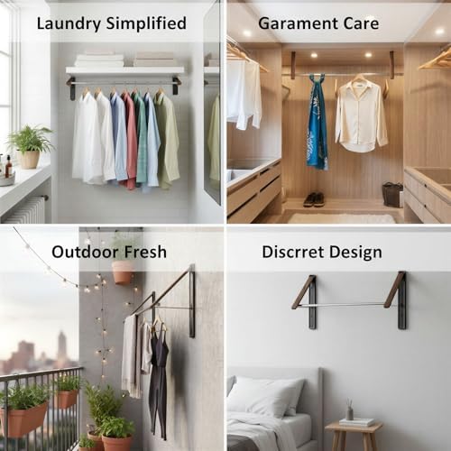 Wall Mounted Retractable Clothes Drying Rack, Walnut Foldable Hanger, Space - Image 7