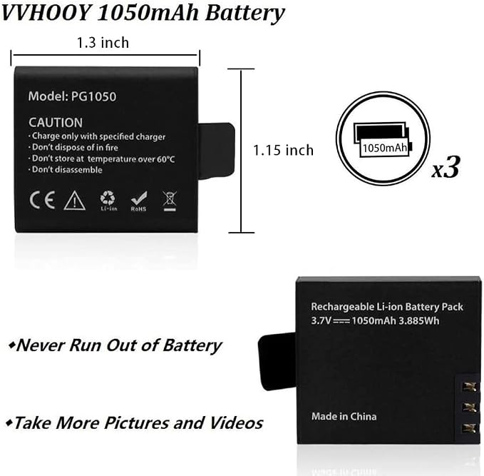 3 x 1050mAh Rechargeable Action Camera Battery - Image 4