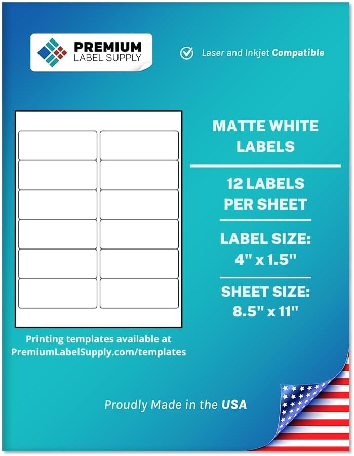 Premium Label Supply White Sticker Address Labels – 4" x 1.5" – Laser/Inkjet Compatible – (12 per Sheet), 100 Sheets – 1,200 Total Adhesive Labels