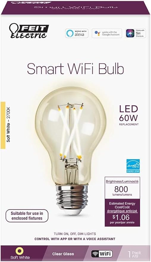 Feit Electric Smart Wi-Fi A19 Filament LED Light Bulb, 60W Equivalent, Soft - Image 2