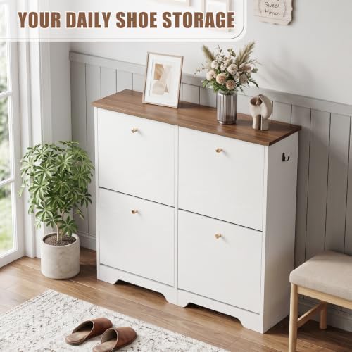 Nicetree Shoe Cabinet, 4 Flip Drawers Slim White - Image 3