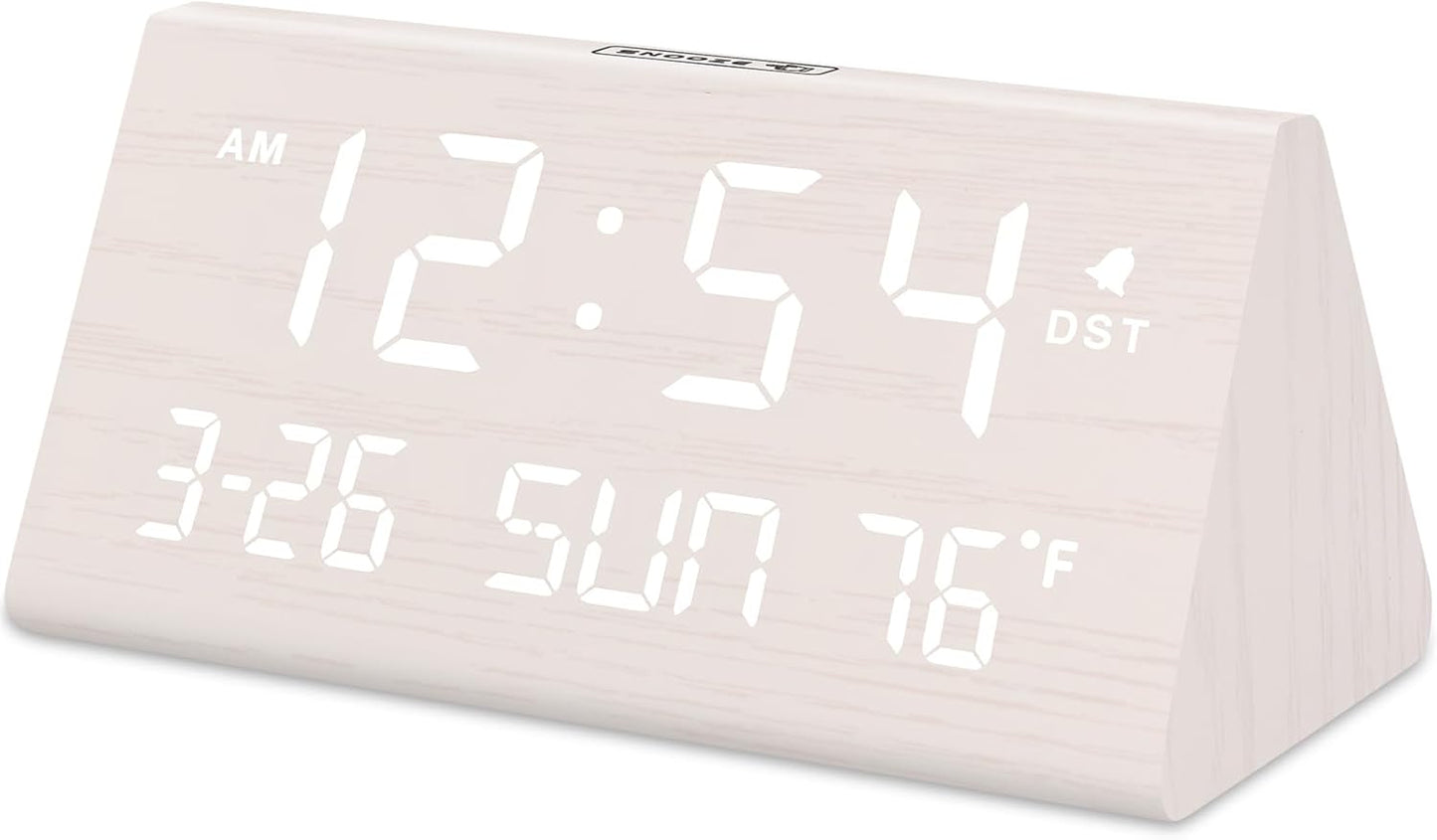 DreamSky Digital Alarm Clocks for Bedrooms - Wooden Desk Clock with Date, Day of Week, USB Port, Temperature, Dimmer for Bedside Table, Living Room, Office, Adjustable Volume, Auto DST, Wood Decor