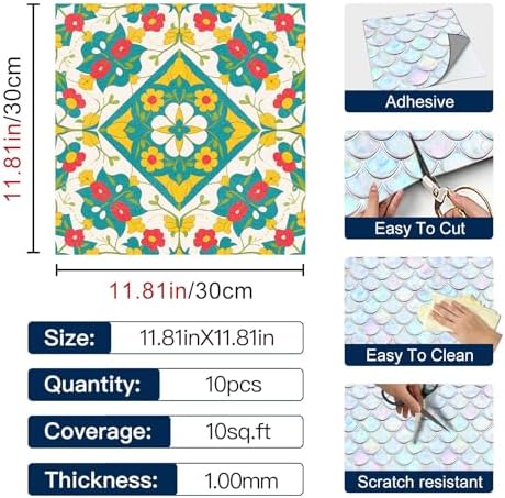 IVN Teal Yellow Floral Peel and Stick Floor Tiles 12x12 Inch 10PCS - Image 3