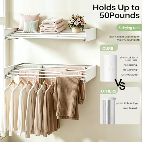 24in Wall Mounted Drying Rack Foldable Retractable 60lbs 5 Rods - Image 4