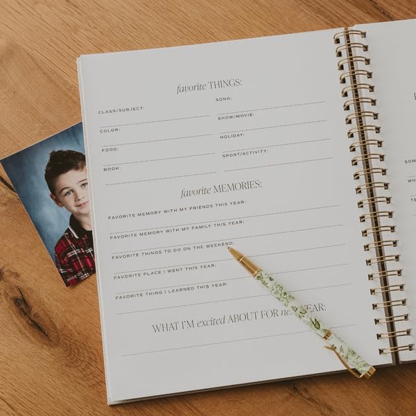 Sweet Water Decor Kid's Keepsake Memory Journal, Cute Prompted Entry Notebook for Moms and Parents, 14 White Craft Envelopes for Capturing Memories, Tan Fabric Spiral Bound Diary with Gold Foil Detail