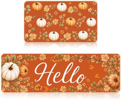 Hello Fall Kitchen Mats, Autumn Pumpkin Kitchen Rugs Set of 2 by VISSTREE