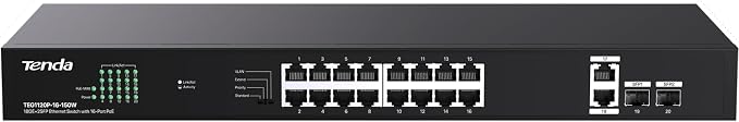 Tenda 20 Port Gigabit PoE Switch | Rackmount PoE Ethernet Switch | 16*PoE+ Port by Tenda