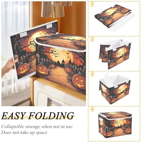 Bolaz Storage Bins with Lids and Handles, Halloween Night Pumpkin Skull Storage - Image 4