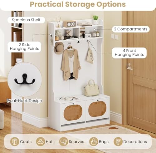 GIANTEX 4-In-1 Hall Tree with Bench and Shoe Storage, Entryway Bench with Coat - Image 5