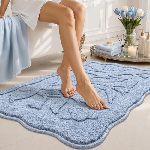 BSICPRO Blue Bathroom Rugs, 24x36 Floral Bath Mats, French Rustic Style by BSICPRO