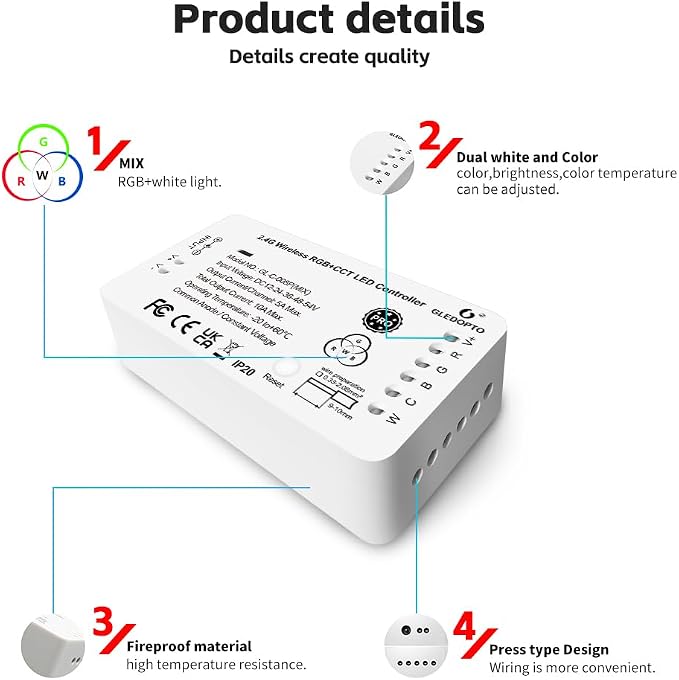 GLEDOPTO ZigBee 3.0 RGBCCT LED Strip Controller Pro RGB Color and Warm White - Image 8