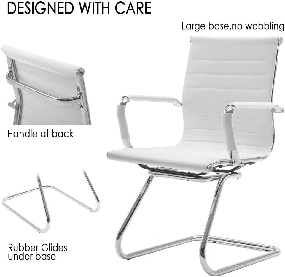 White Office Desk Chair No Wheels Set of 6 PU Leather Computer Chairs Mid Back Guest Chairs for School Reception Conference Waiting Room, White