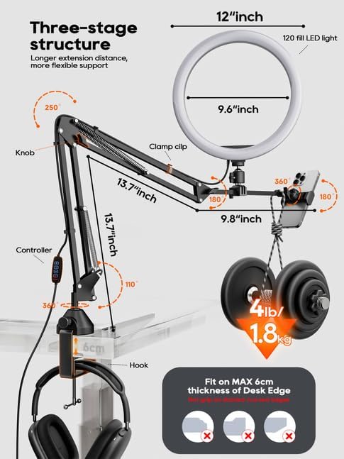 Upgrade Ring Light Overhead Phone Mount, 12”Circle LED Desk Ring Light - Image 7