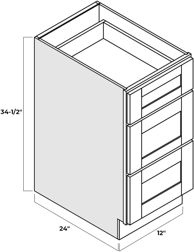 Shaker Style Grey Base RTA RTA Base Drawer Cabinet by Solid Wood for Kitchen, Bathroom, Bedroom or Office with 3 Drawers and Soft Close(12" W x 24" Depth x 34-1/2" H)
