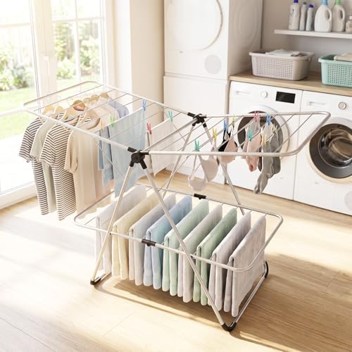 Tangkula Clothes Drying Rack Foldable, 2-Level Heavy-Duty Aluminum Laundry - Image 2