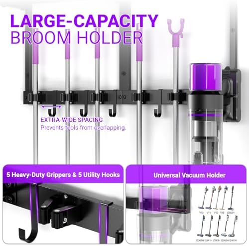 Heavy Duty Broom Holder Wall Mount, All-Metal Mop Rack - Image 3