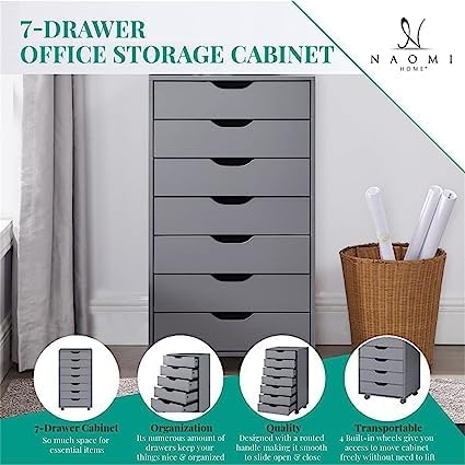 Naomi Home 7 Drawer Office Storage File Cabinet,Under Desk Cabinets for Home Office,Organization Filing Cabinet with Wheels,Printer Stand Storage,180 lbs Capacity – White(11272AM)