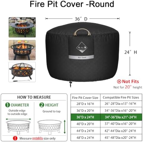 QH.HOME Fire Pit Cover Round 36", 600D Heavy Duty Fabric 100% Waterproof - Image 2
